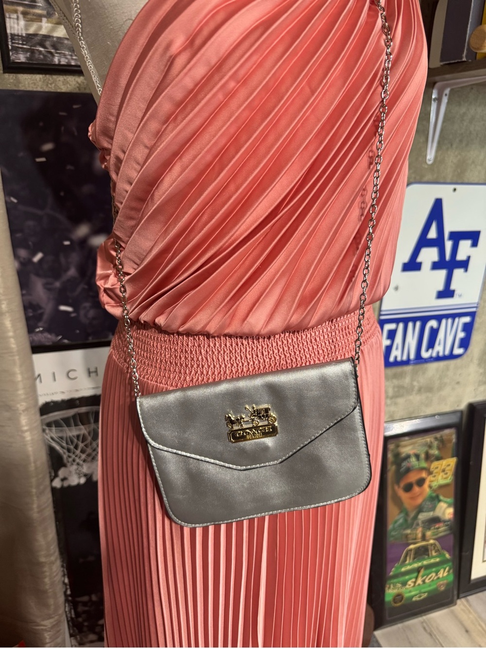 Coach Metallic Silver Envelope Clutch with Gold Hardware